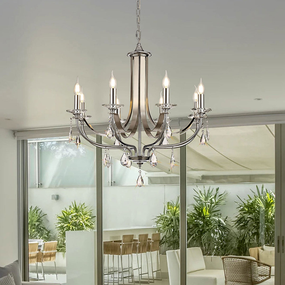 Kingskerswell E14 8 Light Polished Chrome & Satin Nickel Pendant with Clear Crystal