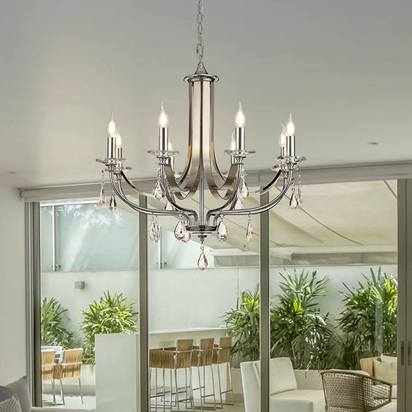 Kingskerswell E14 8 Light Polished Chrome & Satin Nickel Pendant with Clear Crystal