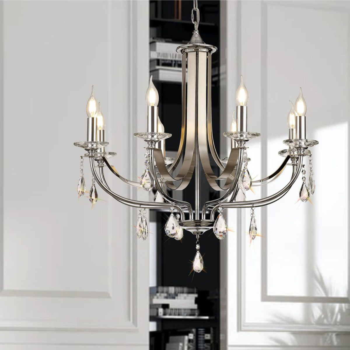 Kingskerswell E14 8 Light Polished Chrome & Satin Nickel Pendant with Clear Crystal