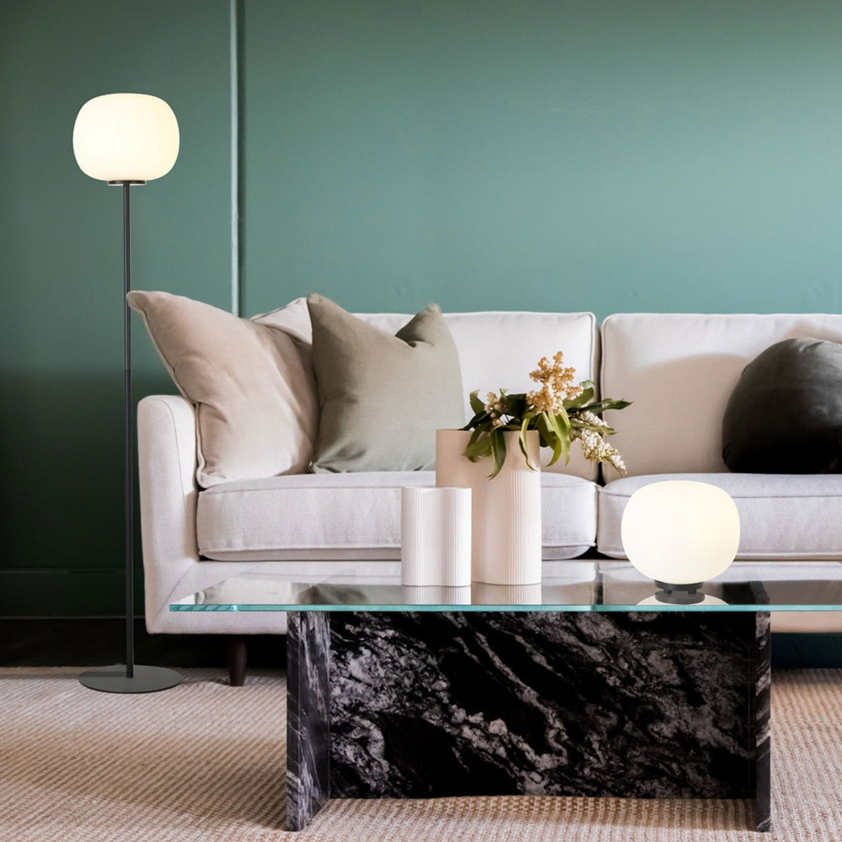 Milton Medium Oval Ball Floor Lamp in Matt Black & Frosted White Shade