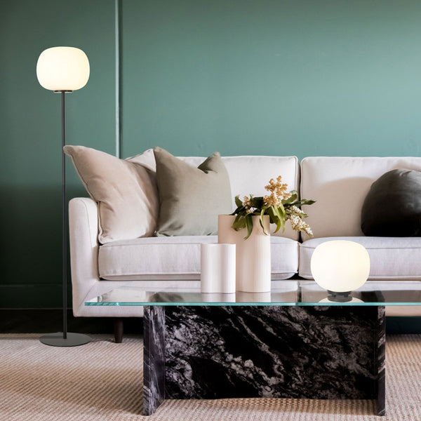 Milton Medium Oval Ball Floor Lamp in Matt Black & Frosted White Shade