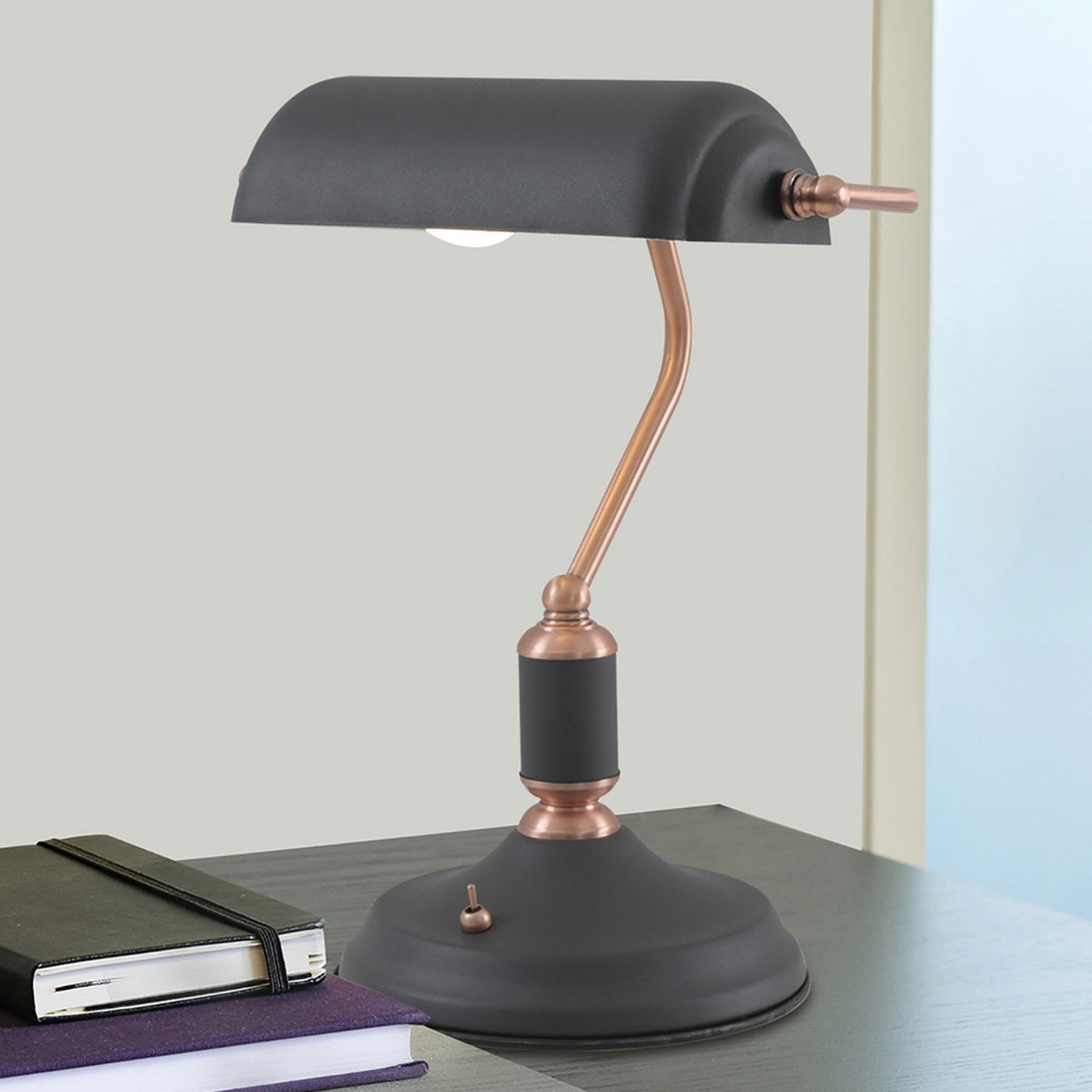 Modbury Bankers Table Lamp Toggle Switched in Textured Graphite & Copper