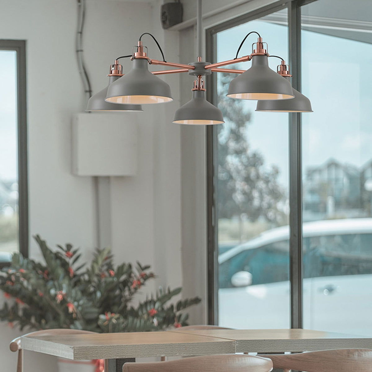 Modbury Telescopic 5 Light Pendant in Textured Grey & Copper