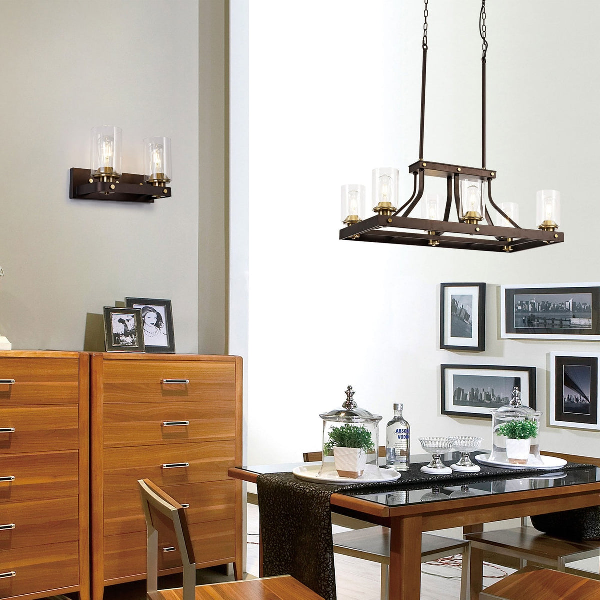 Moorhaven Oxidised Bronze Linear Pendant With Clear Glass Shades