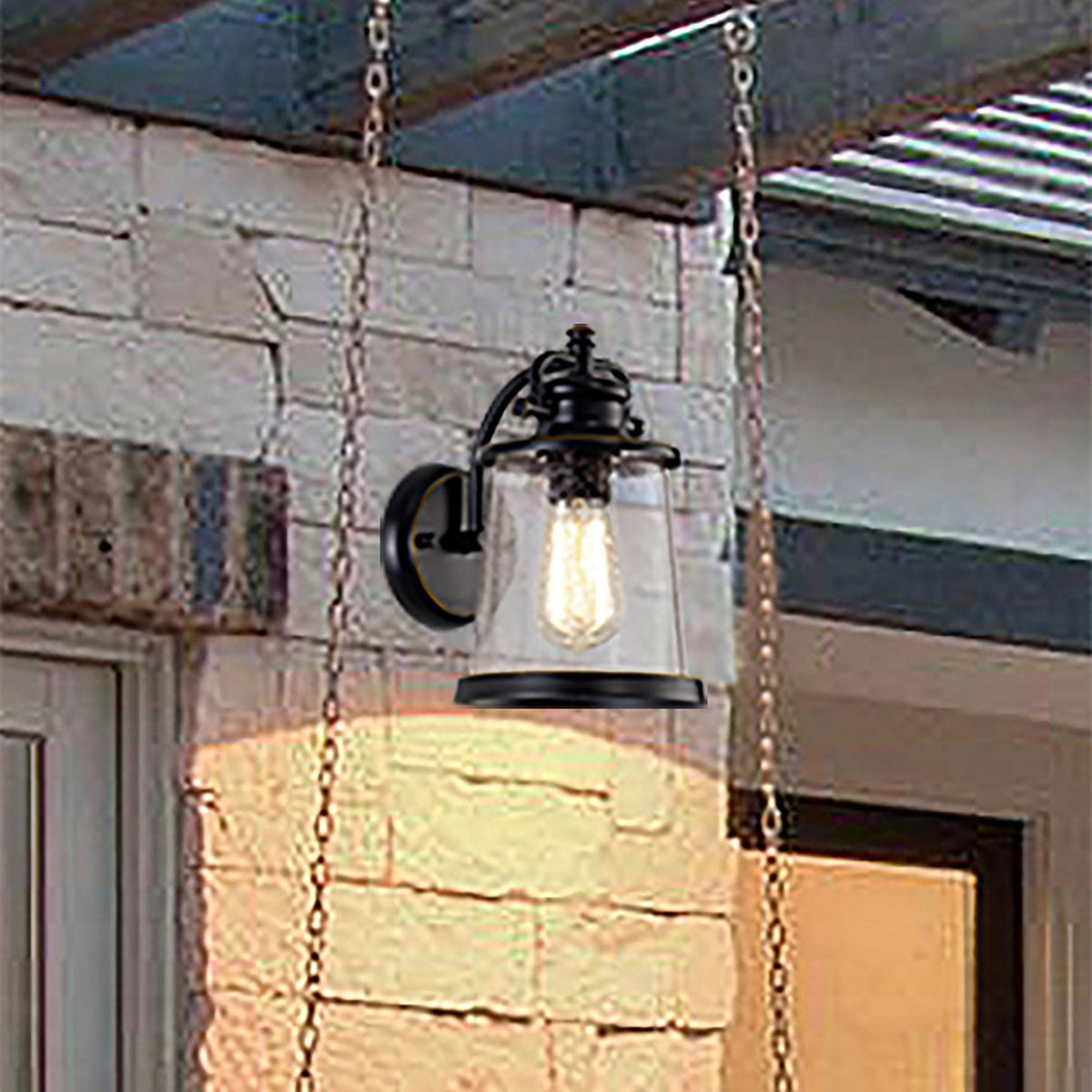 Parkham Black & Gold IP54 Exterior Wall Light with Seeded Clear Glass