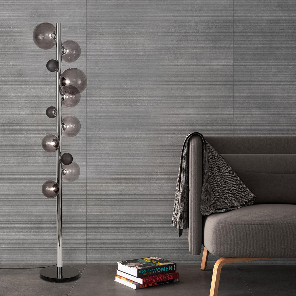 Ridge 8 Light Floor Lamp in Polished Chrome with Smoked & Black Glass