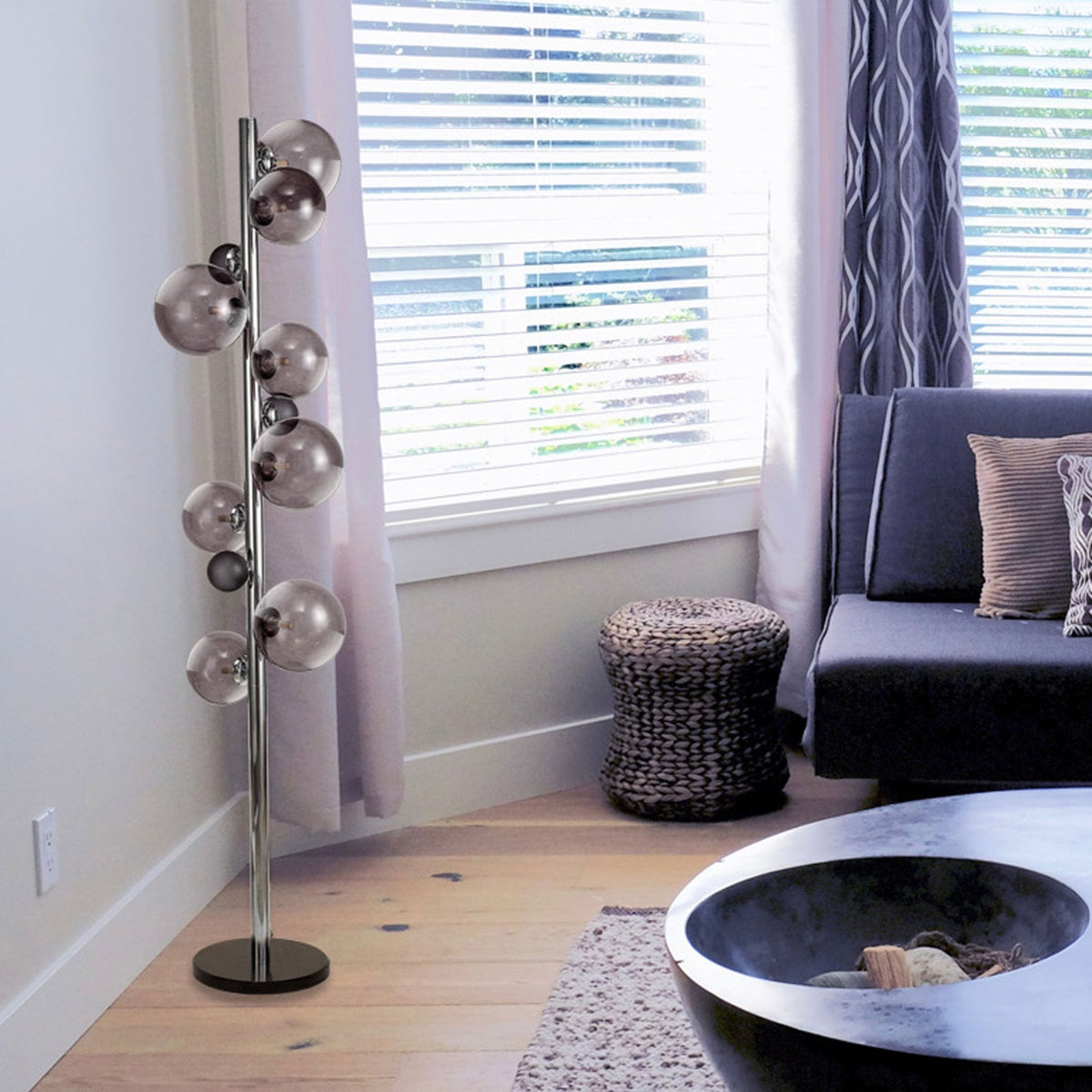 Ridge 8 Light Floor Lamp in Polished Chrome with Smoked & Black Glass