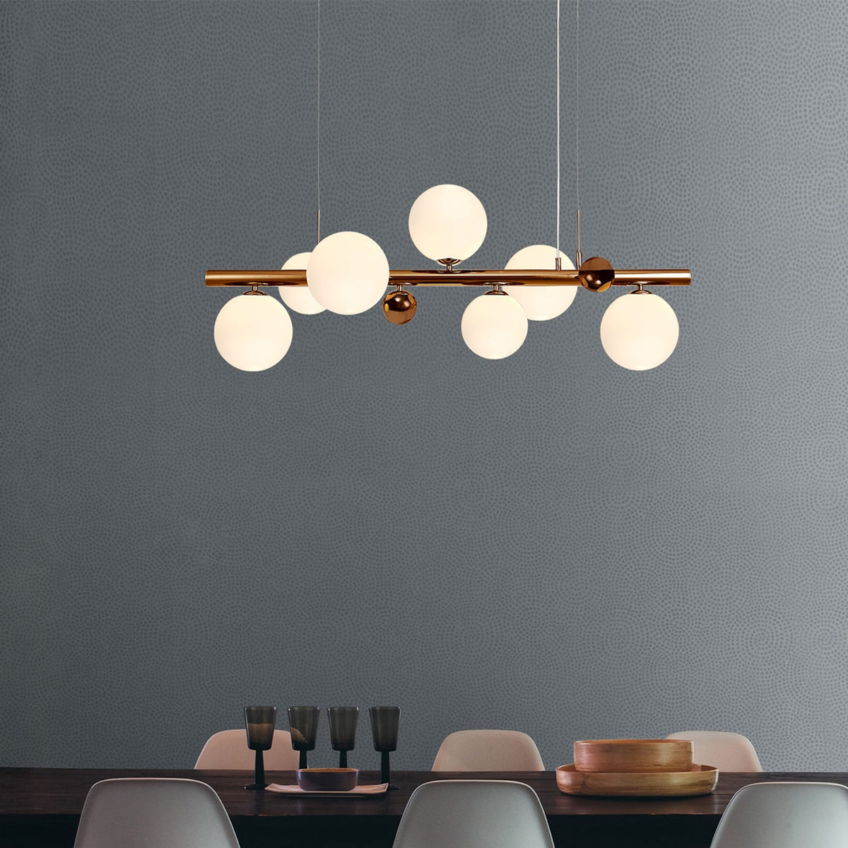 Ridge 7 Light Linear Pendant in Antique Copper with Opal & Copper Glass