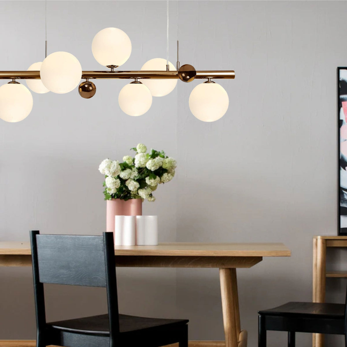 Ridge 7 Light Linear Pendant in Antique Copper with Opal & Copper Glass