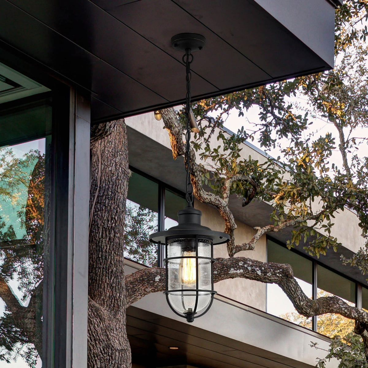 Sandford Black & Gold IP54 Exterior Pendant with Seeded Clear Glass