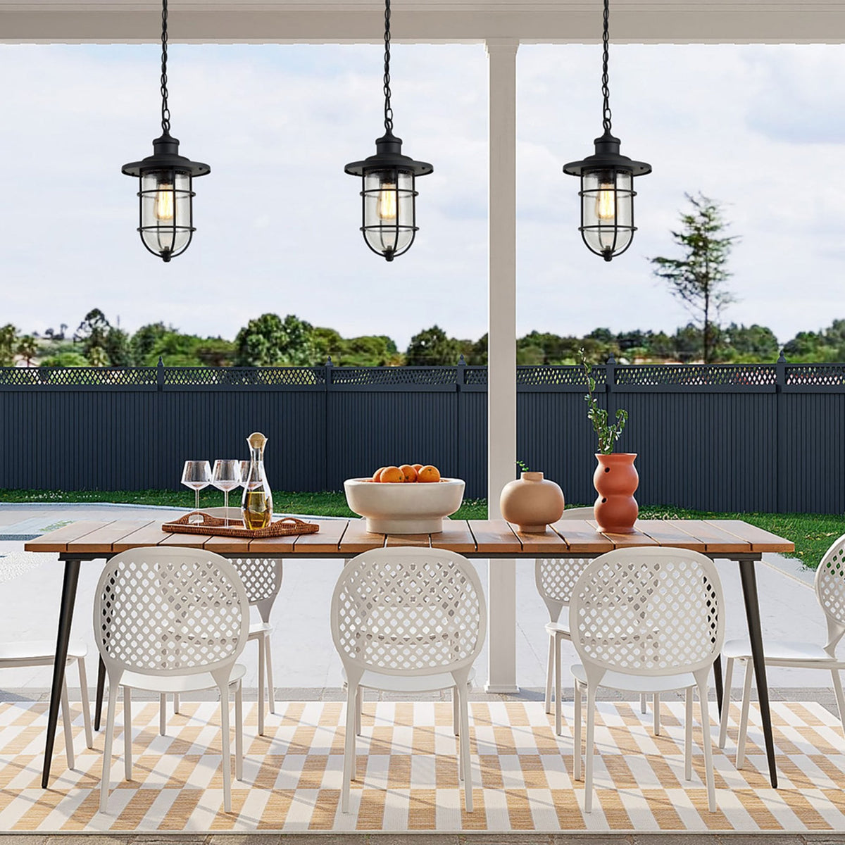 Sandford Black & Gold IP54 Exterior Pendant with Seeded Clear Glass