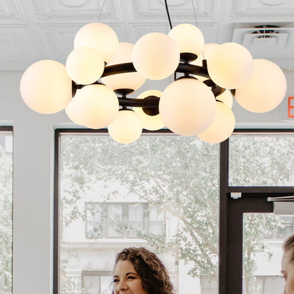 Shute 16lt Circular Pendant in Satin Black & Opal Glass