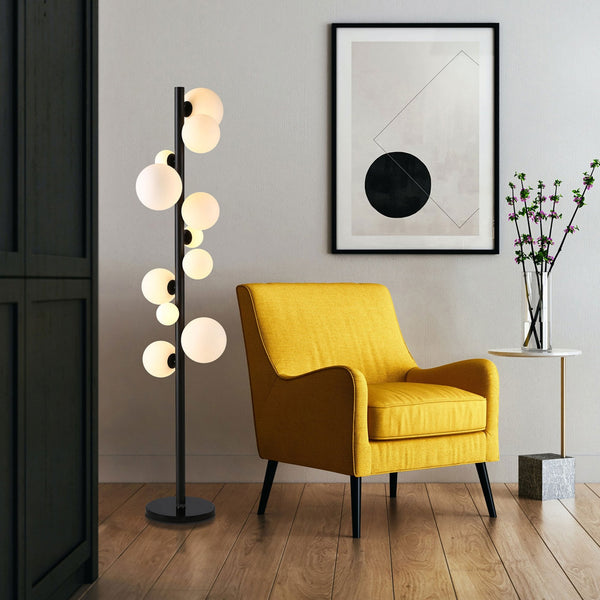 Shute 11lt Floor Lamp in Satin Black & Opal Glass