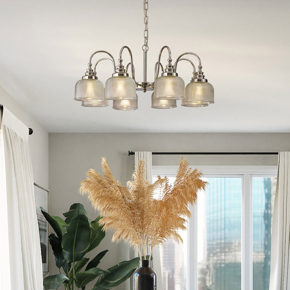 Stowford 8lt Pendant or Semi Flush Light Polished Nickel & Clear Prismatic Glass