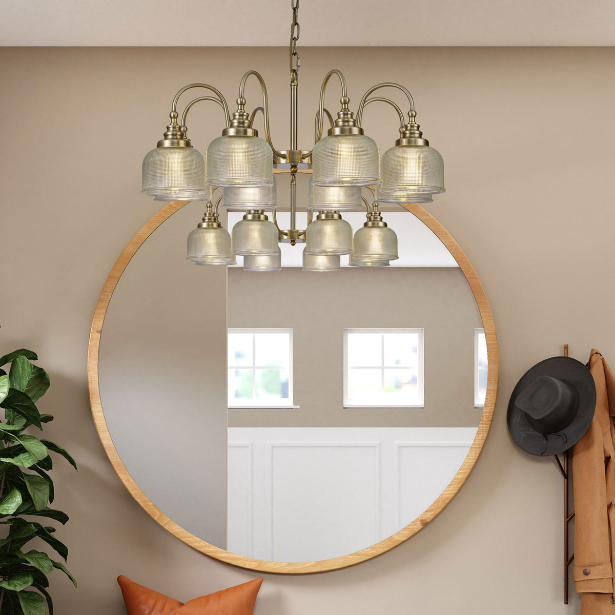 Stowford 8lt Pendant or Semi Flush Light in Antique Brass & Clear Prismatic Glass