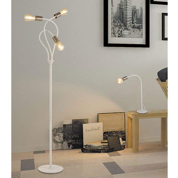 Wooton Flexible 3 Light E27 Floor Lamp in White and Satin Nickel