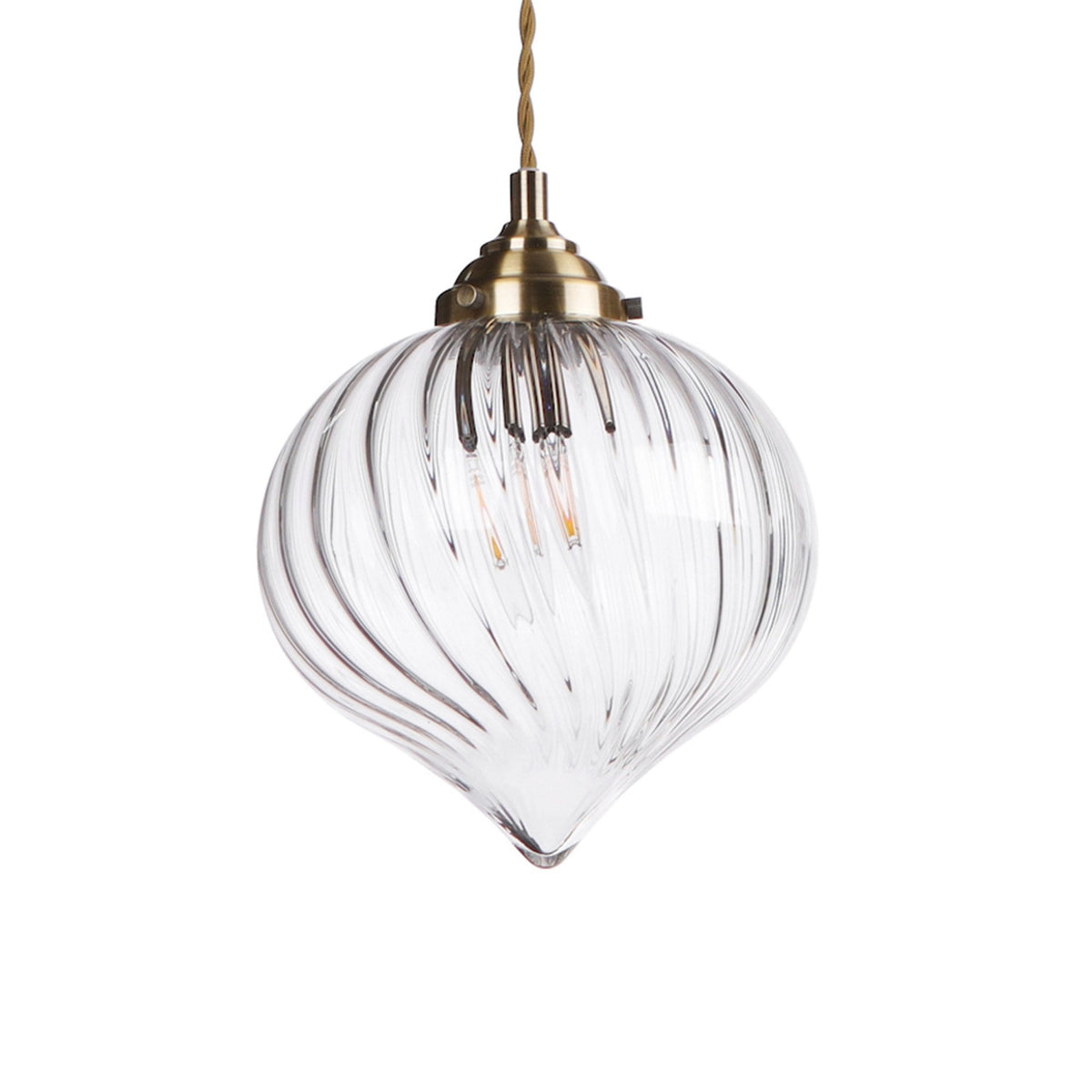 Clear glass pendant light with a swirled, teardrop-shaped shade and a brass fixture.