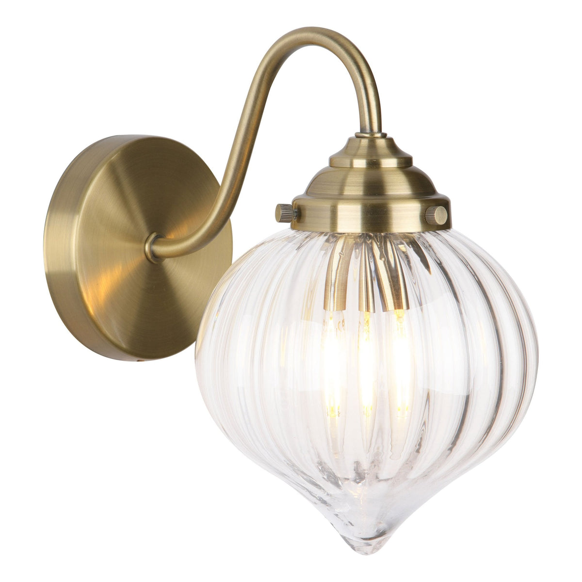 Mya Wall Light In Antique Brass With Ribbed Clear Glass Shade