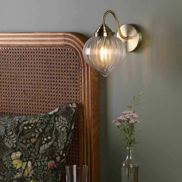 Mya Wall Light In Antique Brass With Ribbed Clear Glass Shade