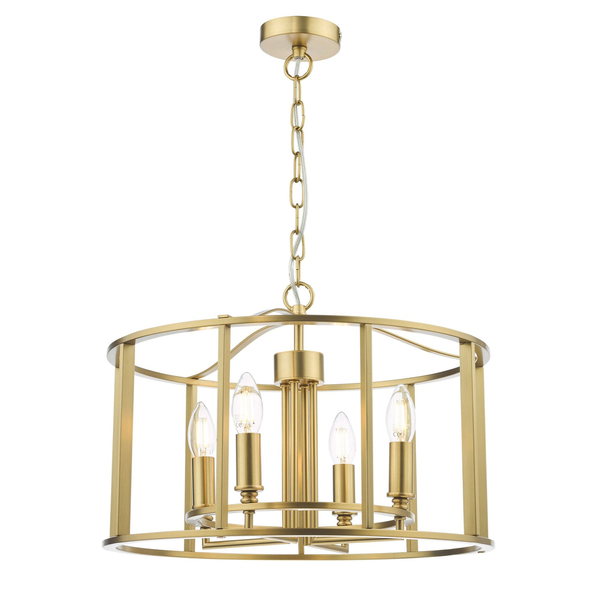 Gold chandelier with four exposed bulbs, hanging from a chain.