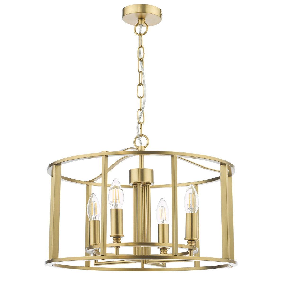 Gold chandelier with four exposed bulbs inside a cylindrical, open-cage frame.