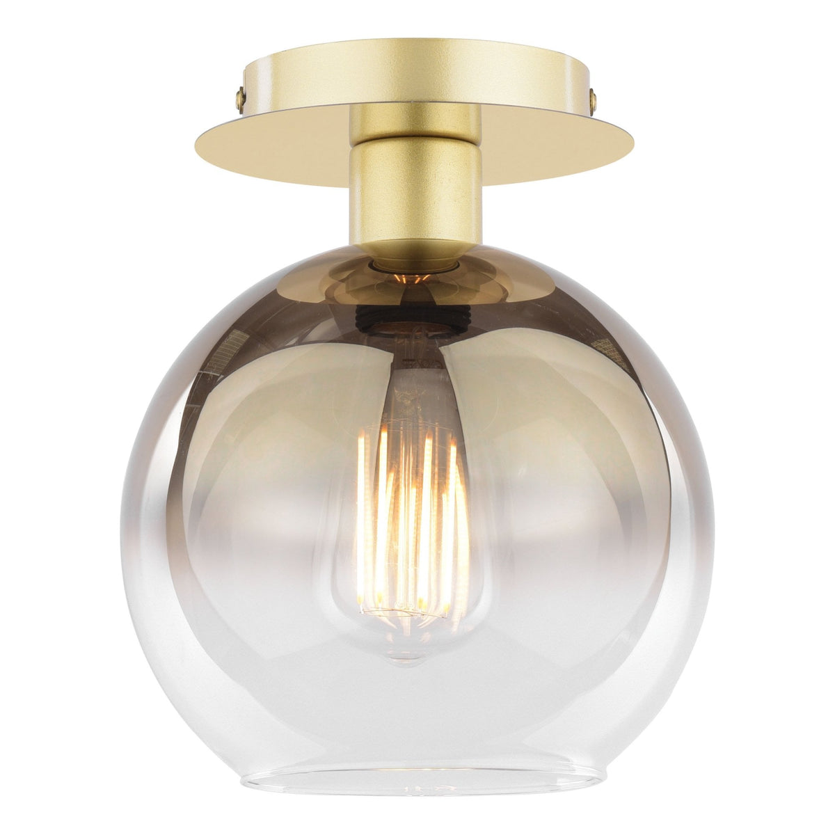 Round ceiling light with a gold base and a clear glass shade, revealing an Edison bulb inside.