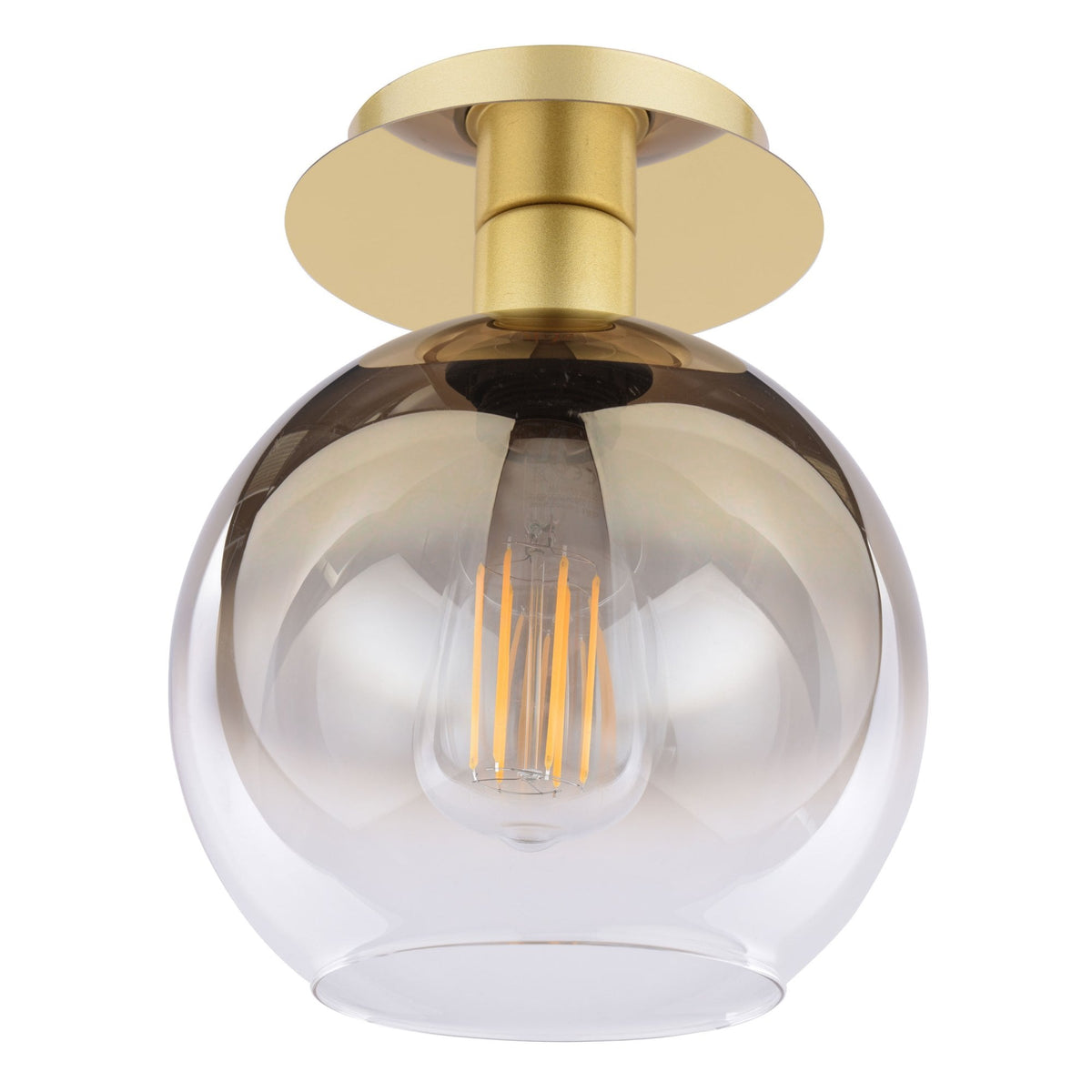 A gold and clear glass ceiling light with an exposed filament bulb.