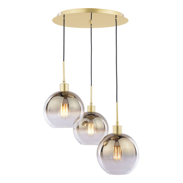 Three gold and clear glass pendant lights with exposed bulbs hanging from a gold ceiling plate.