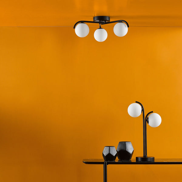 Orlena 3 Light Semi Flush Ceiling Light In Matt Black With Opal Glass Shades