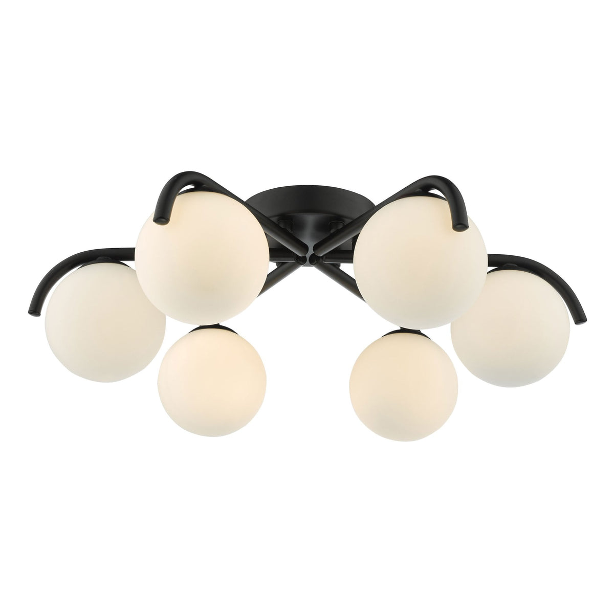 A modern black ceiling light with six white globe shades, arranged in a circular pattern.