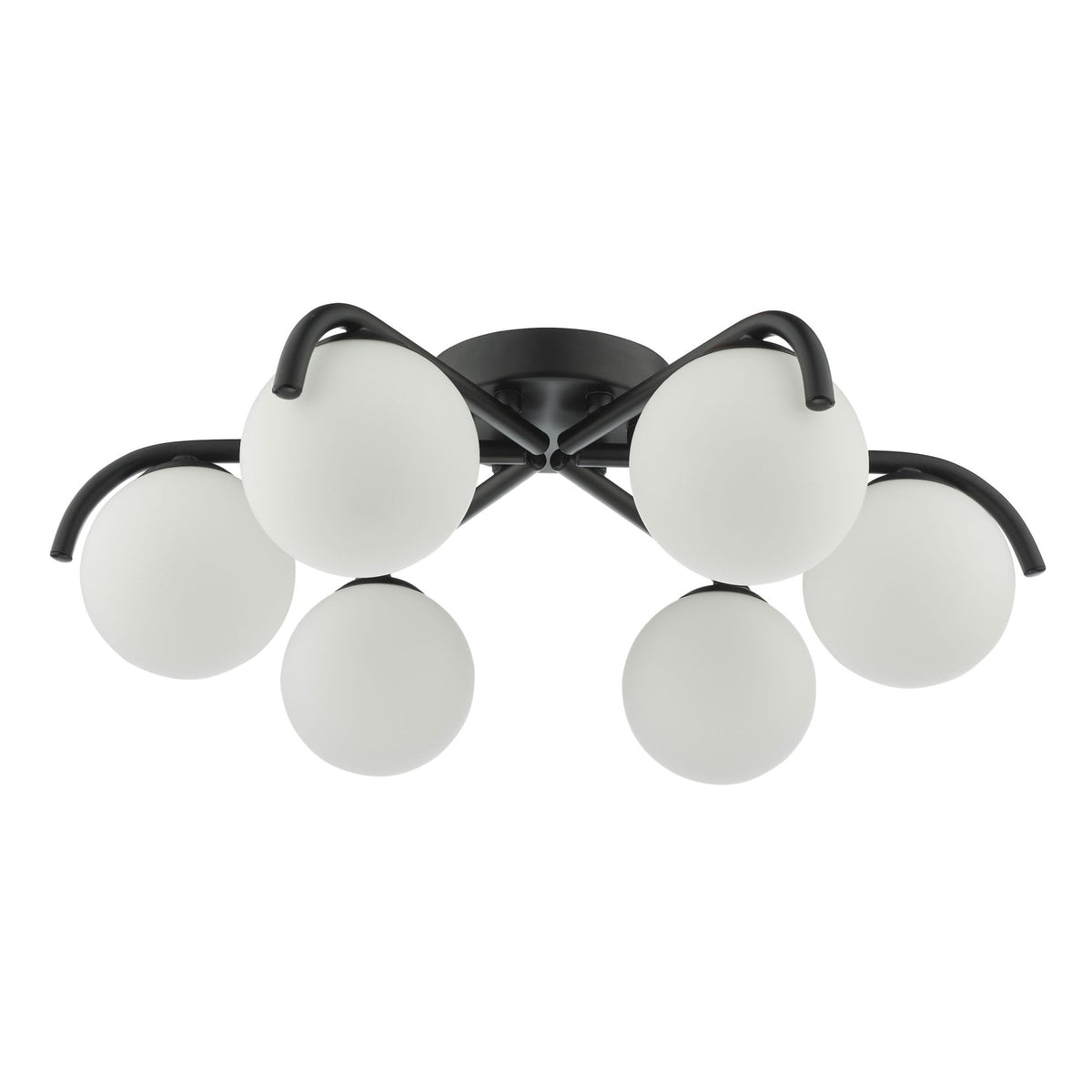 Black ceiling light with six white globe shades.