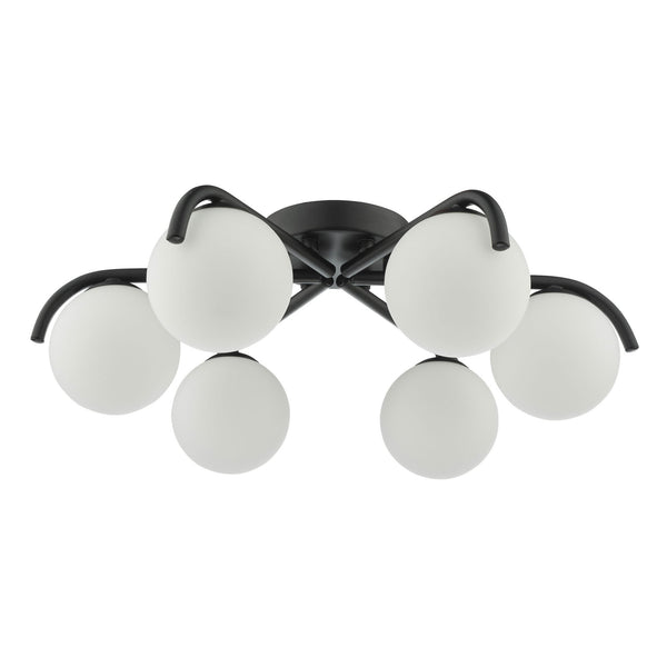 Orlena 6 Light Semi Flush Ceiling Light In Matt Black With Opal Glass Shades