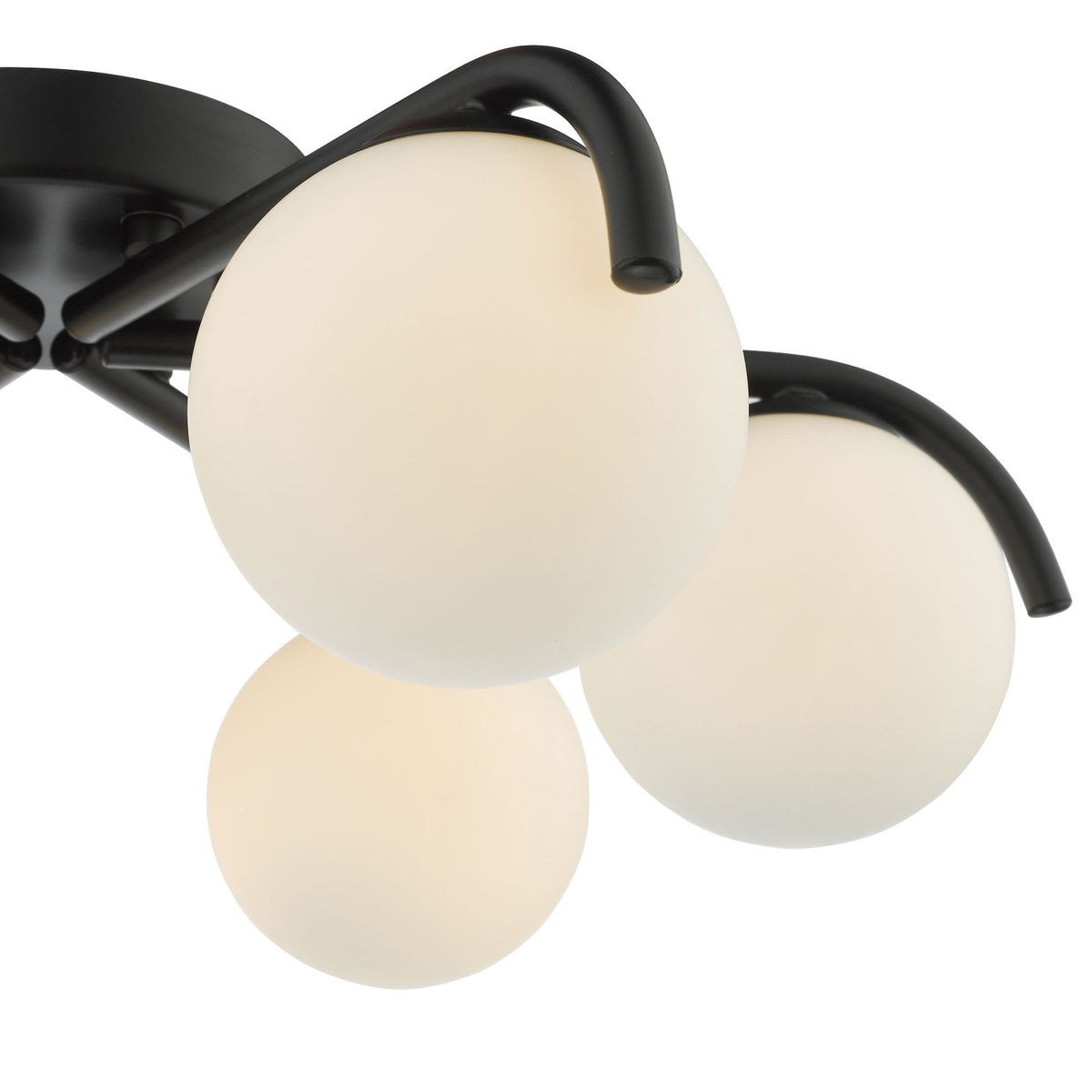 Modern black ceiling light with three glowing white spherical shades.