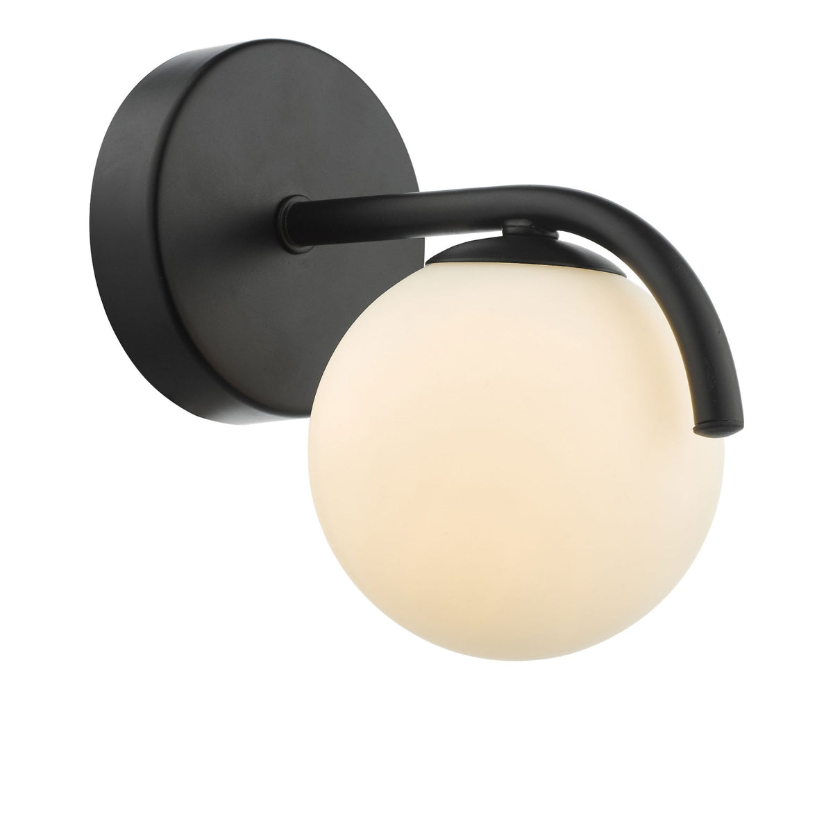 Black wall sconce with a matte finish and a round, frosted white glass globe shade.