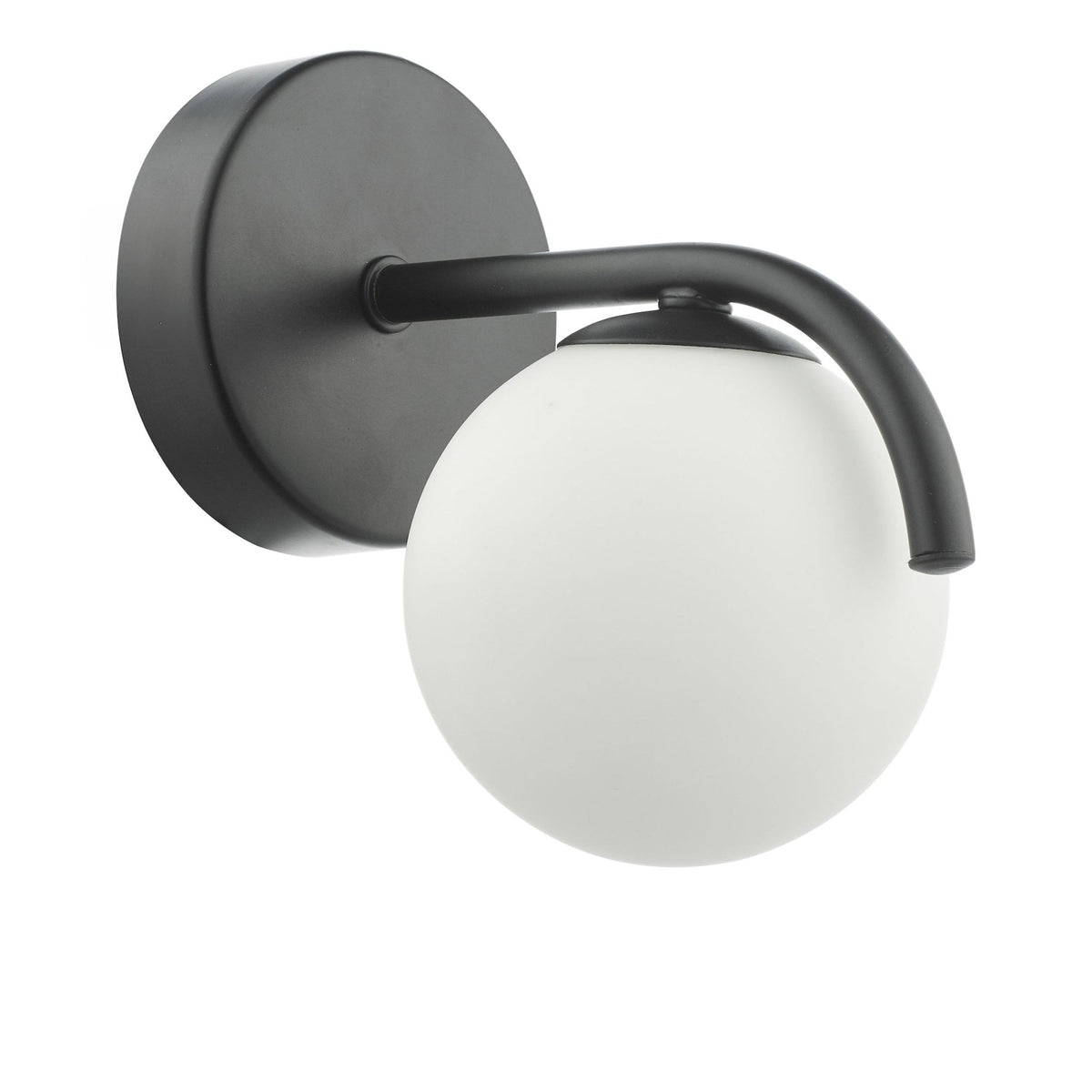 Black wall sconce with a matte finish and a white spherical glass shade.