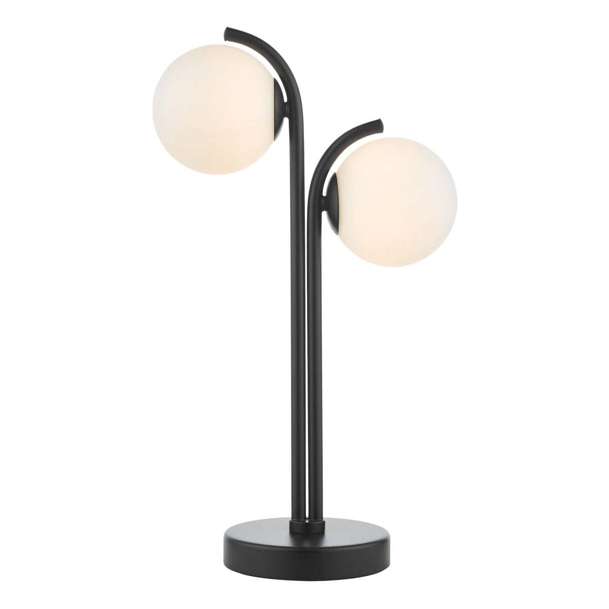 Modern black table lamp with two spherical white glass shades, emitting a soft glow.
