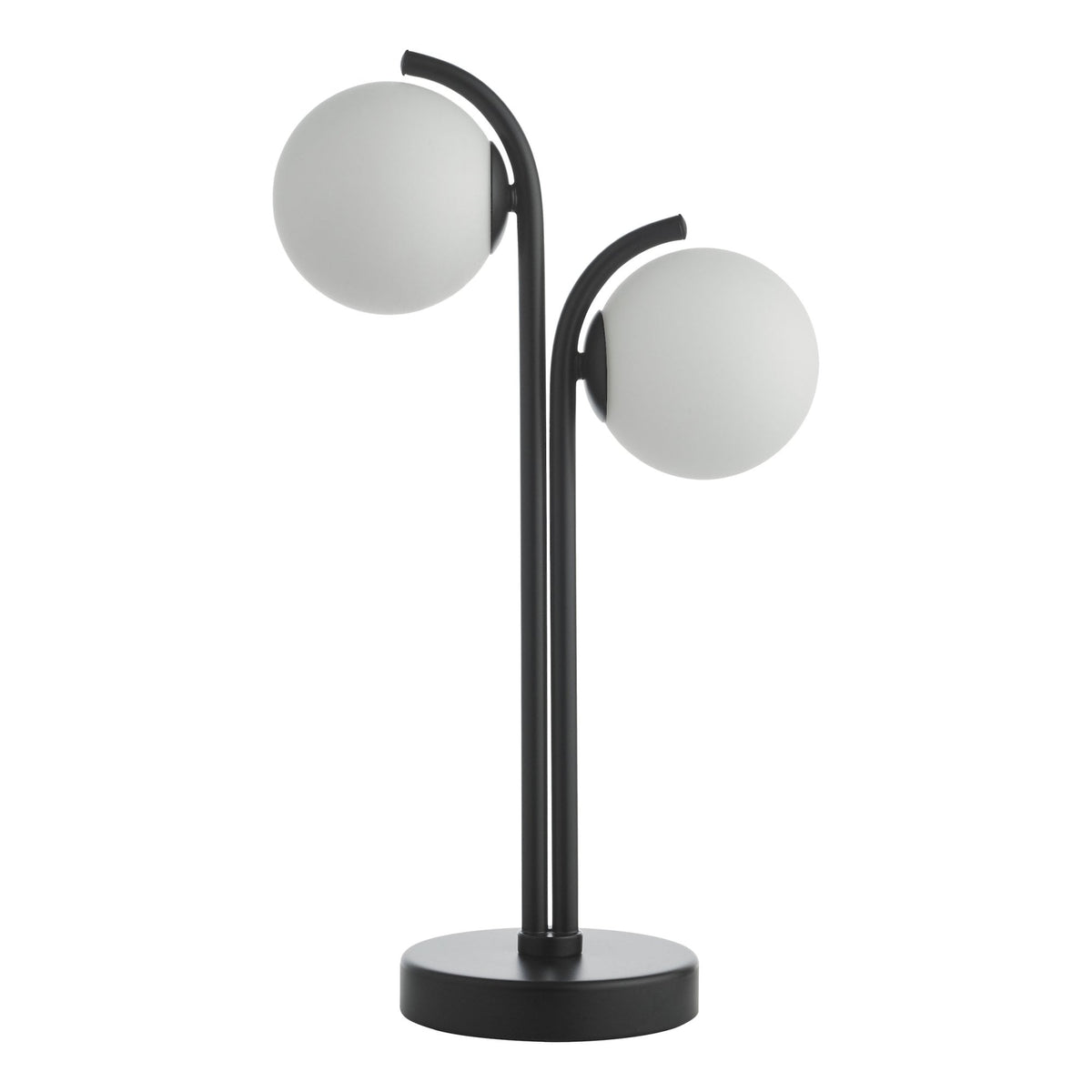 Modern black table lamp with two white spherical shades on a white background.