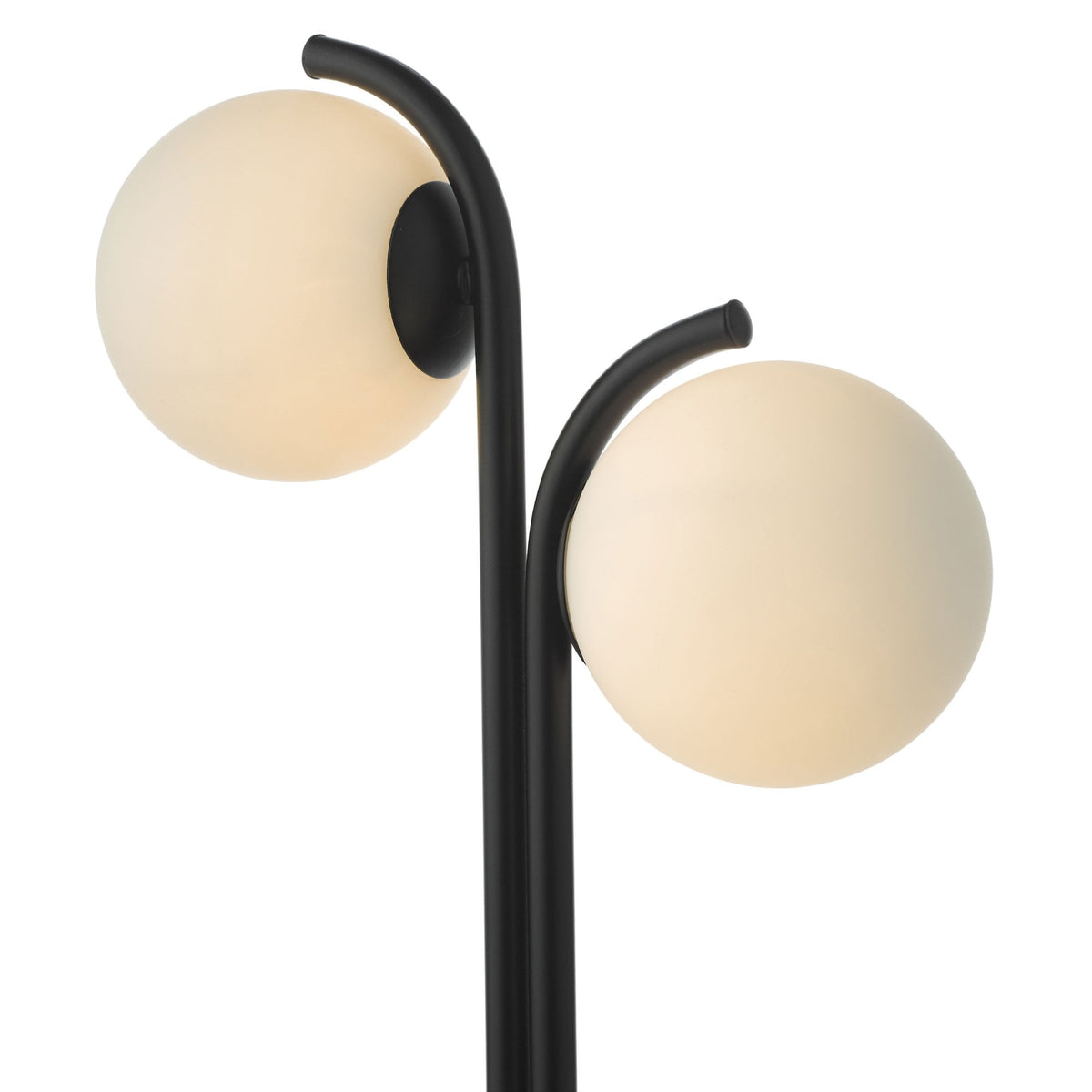 Black floor lamp with two spherical, frosted glass shades.