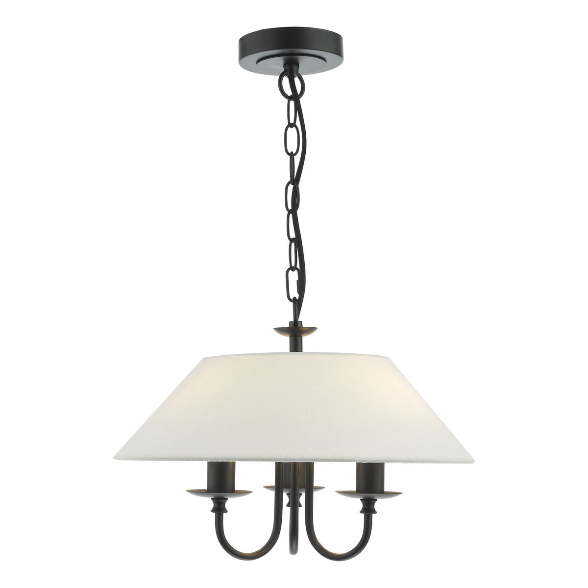 Black metal chandelier with a white fabric shade and three candle-style lights.