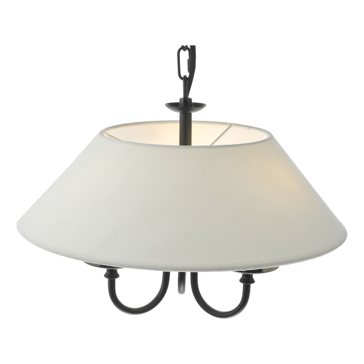 White fabric shade chandelier with dark metal accents.
