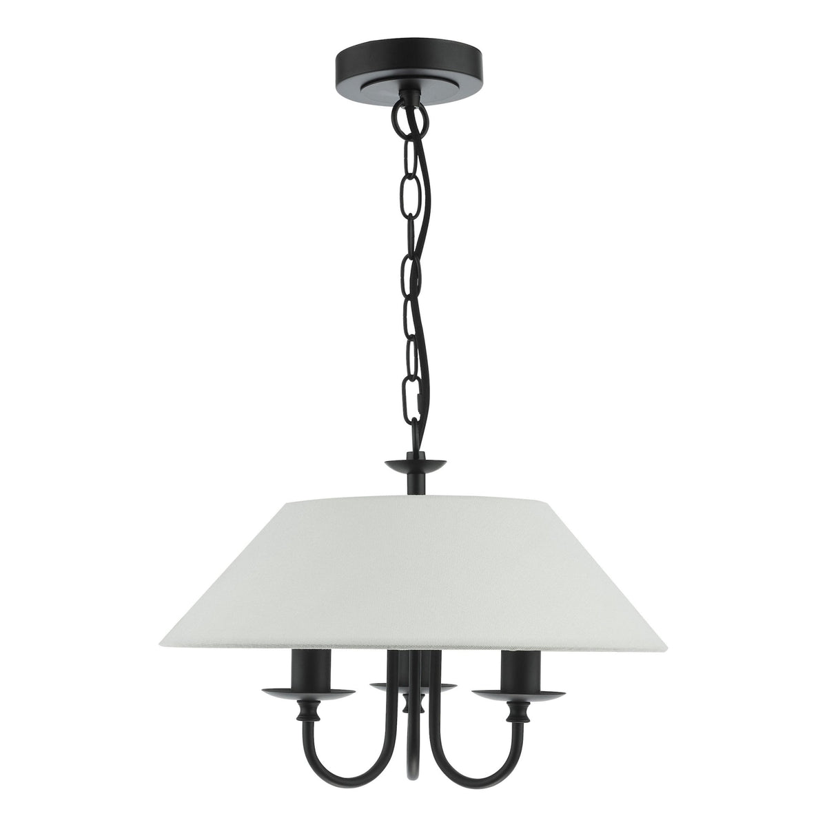 Black metal chandelier with a white fabric shade and three candle-style lights.