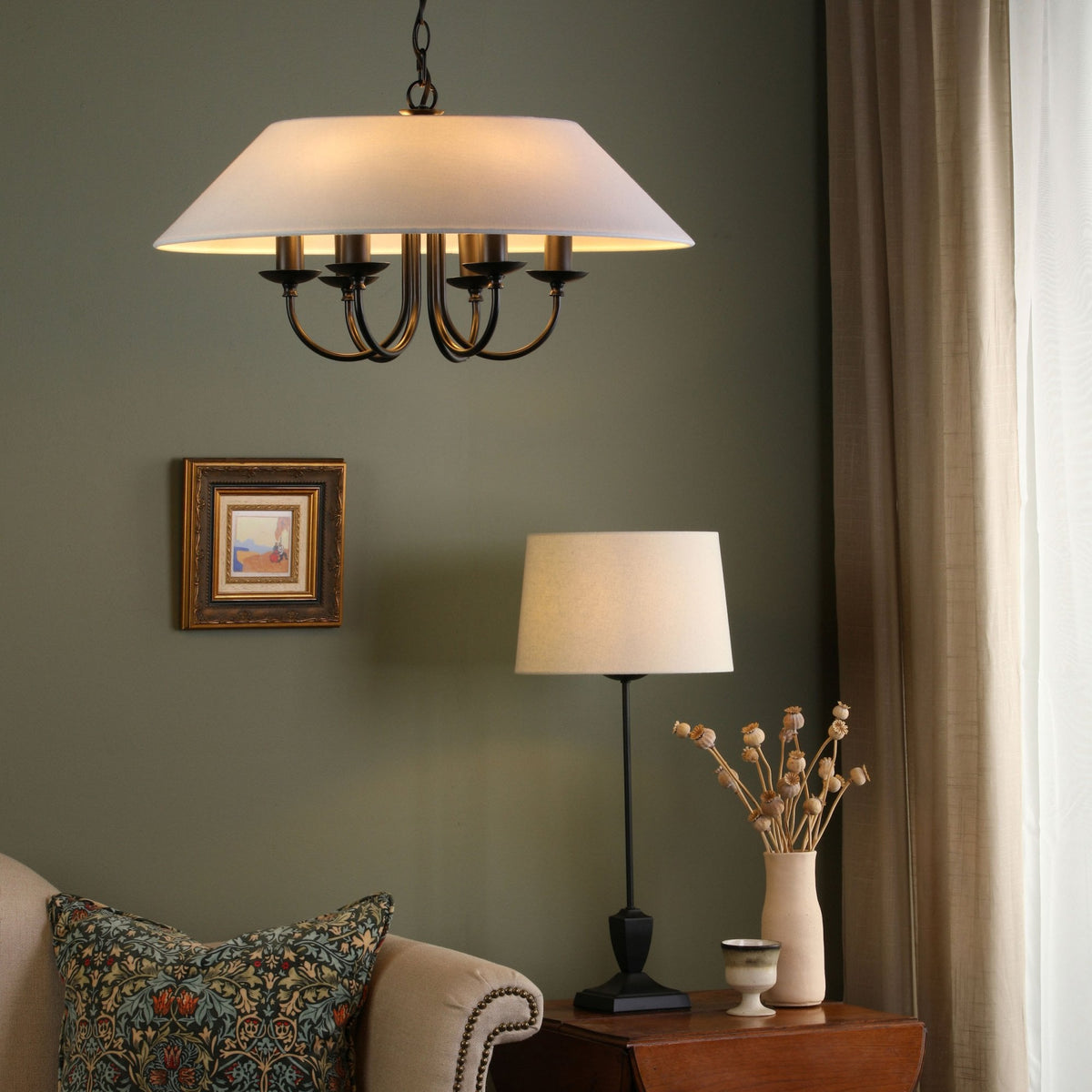 Sivan 6 Light Pendant in Matt Black With White Linen Shade