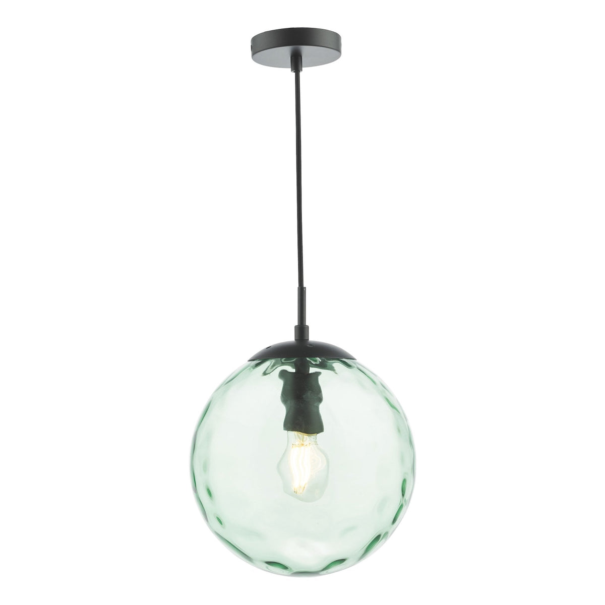 Green glass globe pendant light with a black ceiling mount and exposed bulb.