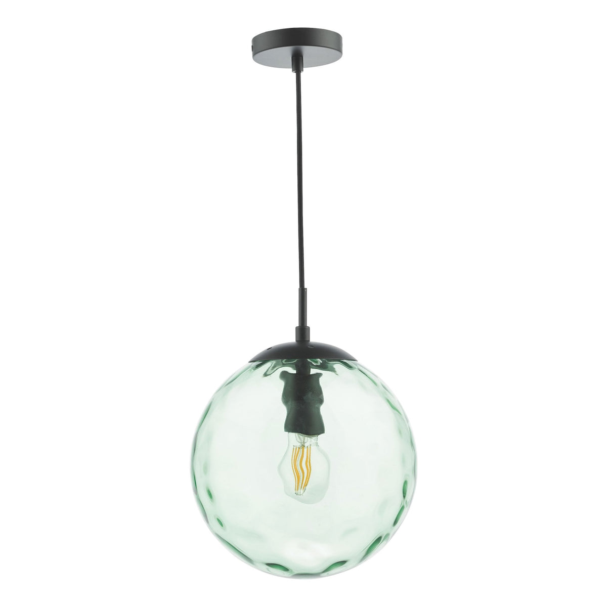 Green glass globe pendant light with a black base and a visible filament bulb.