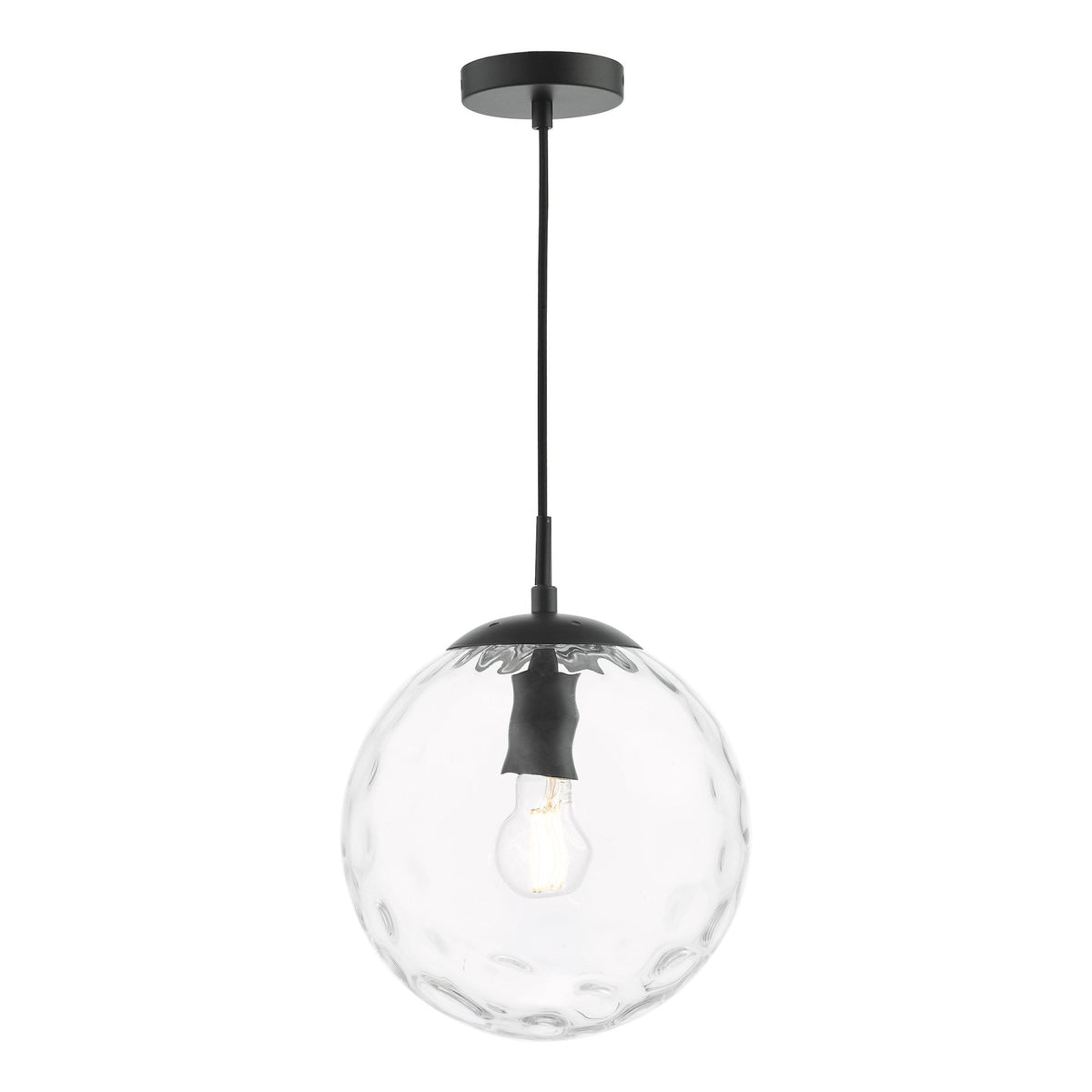 Clear glass globe pendant light with a textured surface and a black ceiling mount.