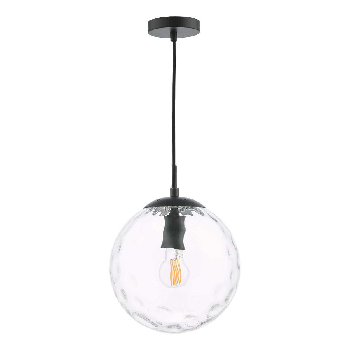 Black pendant light with a textured clear glass globe and an exposed filament bulb.