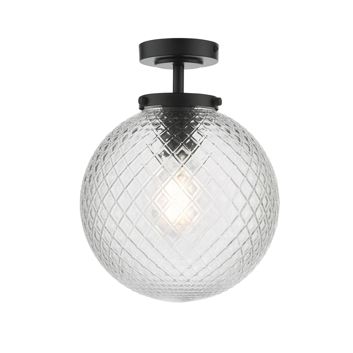 Wayne IP44 Semi Flush Ceiling Light In Matt Black With Textured Glass Shade