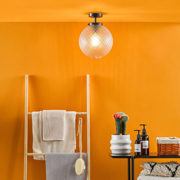 Wayne IP44 Semi Flush Ceiling Light In Matt Black With Textured Glass Shade