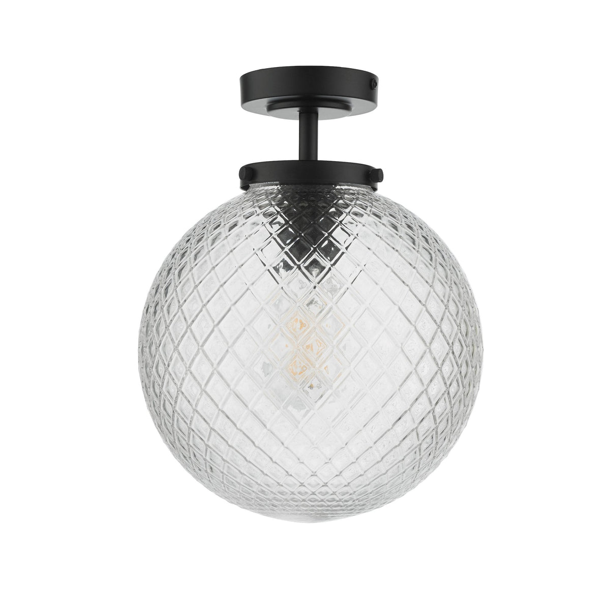Wayne IP44 Semi Flush Ceiling Light In Matt Black With Textured Glass Shade
