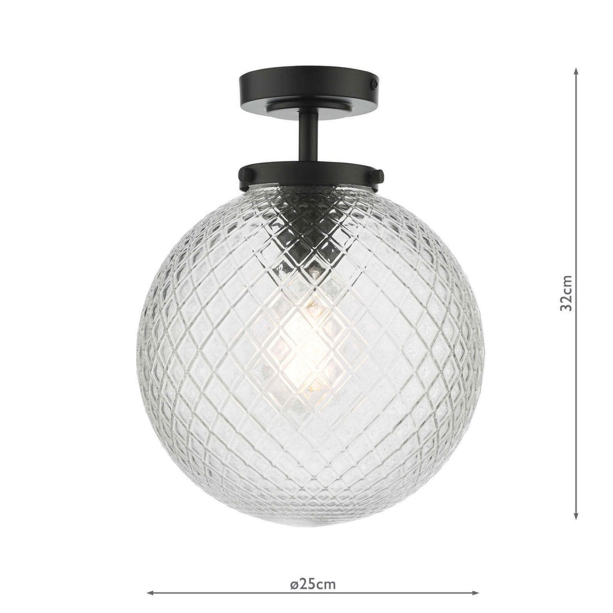 Wayne IP44 Semi Flush Ceiling Light In Matt Black With Textured Glass Shade
